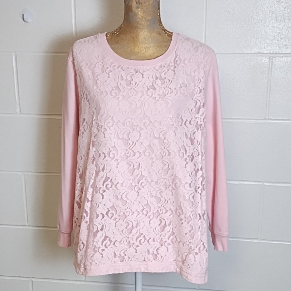 French Terry Lace Overlay Sweatshirt Open Bottom Side Slits
